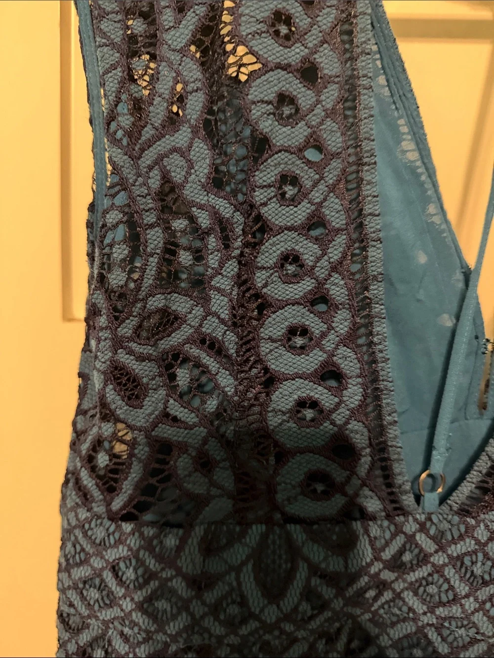 Free People One Million Lovers Teal Navy Crochet Lace V-Neck Mini Dress Size 4